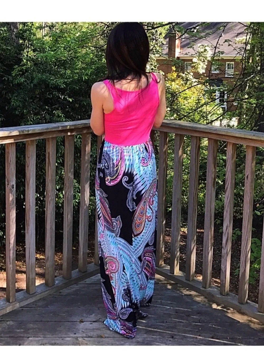 Maxi Skirt with Turquoise Paisley Print - Pink Accented